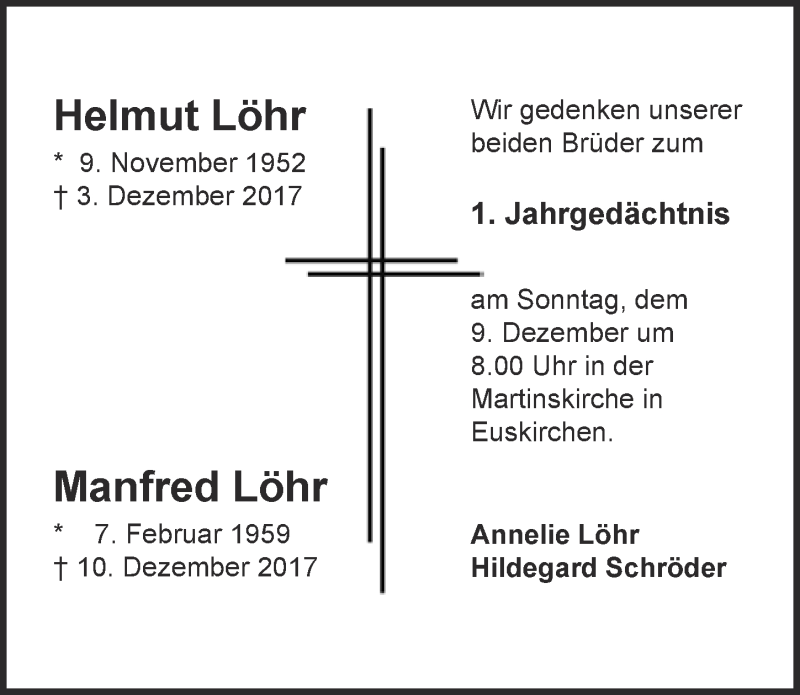 Traueranzeige für Manfred Löhr vom 01.12.2018 aus  Blickpunkt Euskirchen 