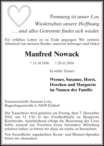 Anzeige von Manfred Nowack von  Sonntags-Post 