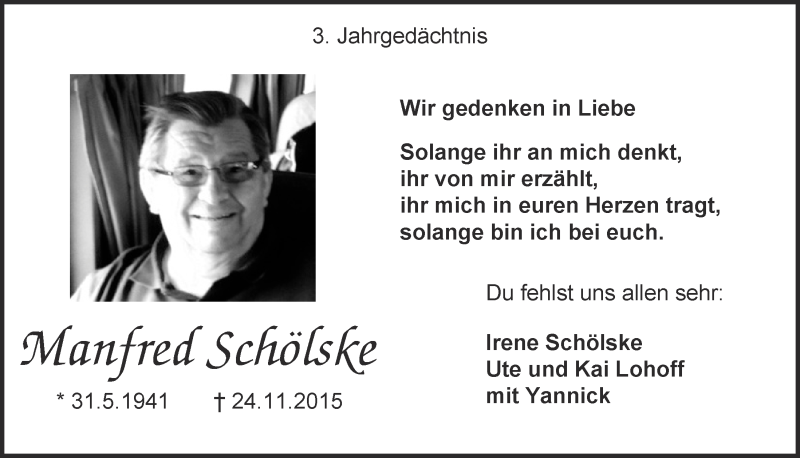  Traueranzeige für Manfred Schölske vom 21.11.2018 aus  Kölner Wochenspiegel 