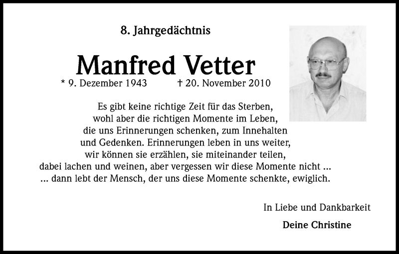  Traueranzeige für Manfred Vetter vom 20.11.2018 aus Kölner Stadt-Anzeiger / Kölnische Rundschau / Express