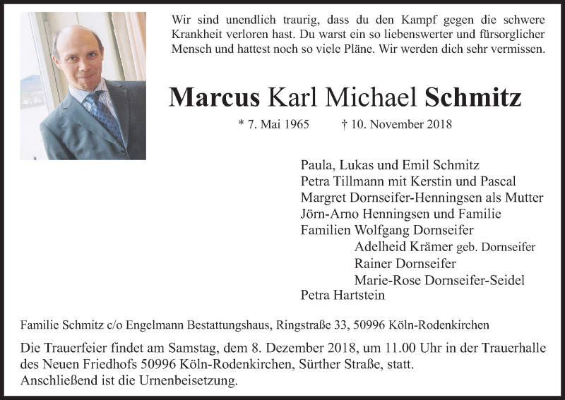  Traueranzeige für Marcus Karl Michael Schmitz vom 01.12.2018 aus Kölner Stadt-Anzeiger / Kölnische Rundschau / Express
