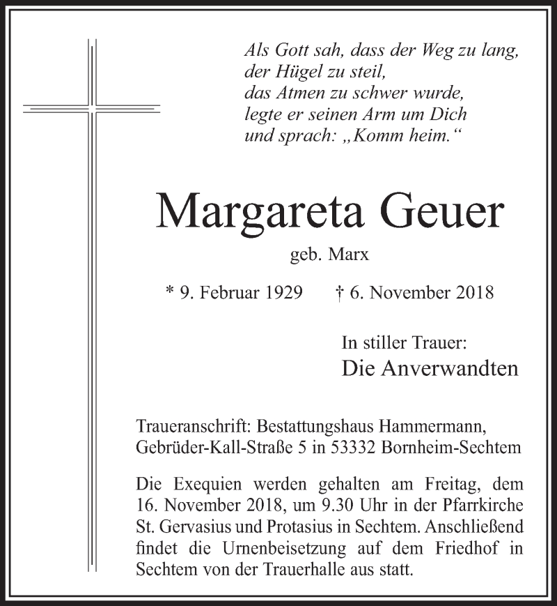  Traueranzeige für Margareta Geuer vom 14.11.2018 aus  Schlossbote/Werbekurier 