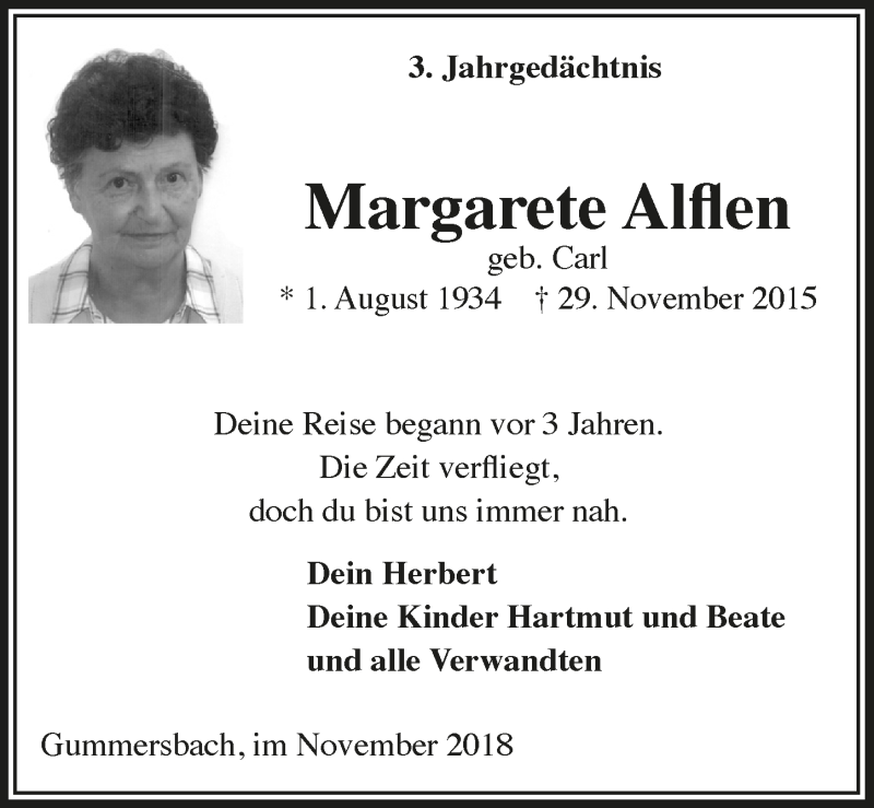  Traueranzeige für Margarete Alflen vom 28.11.2018 aus  Anzeigen Echo 