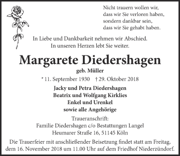 Anzeige von Margarete Diedershagen von  Kölner Wochenspiegel 