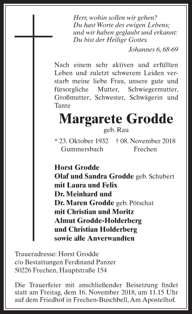  Traueranzeige für Margarete Grodde vom 14.11.2018 aus  Wochenende 