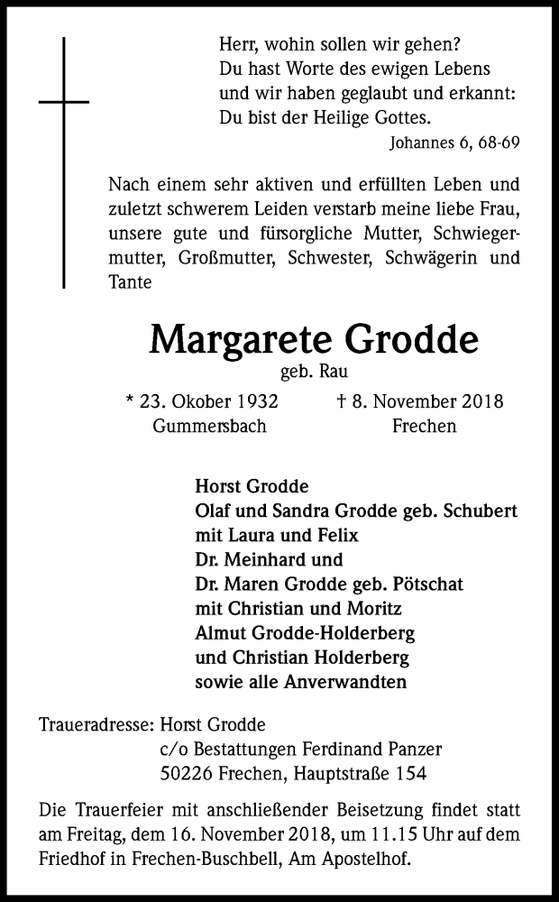  Traueranzeige für Margarete Grodde vom 14.11.2018 aus Kölner Stadt-Anzeiger / Kölnische Rundschau / Express