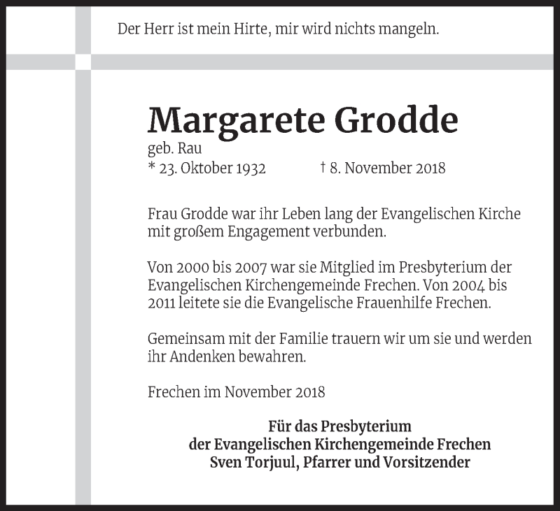  Traueranzeige für Margarete Grodde vom 17.11.2018 aus Kölner Stadt-Anzeiger / Kölnische Rundschau / Express