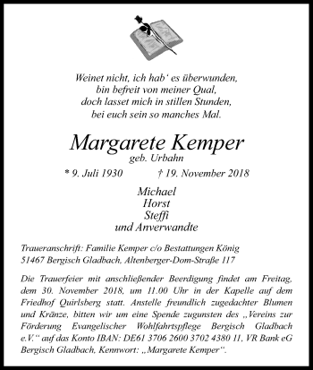 Anzeige von Margarete Kemper von Kölner Stadt-Anzeiger / Kölnische Rundschau / Express