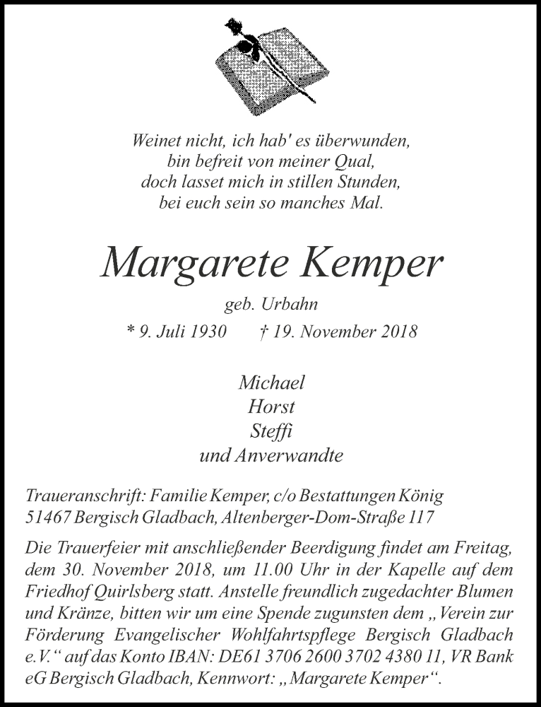  Traueranzeige für Margarete Kemper vom 28.11.2018 aus  Bergisches Handelsblatt 