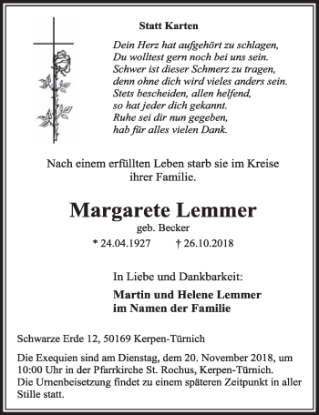 Anzeige von Margarete Lemmer von  Sonntags-Post 