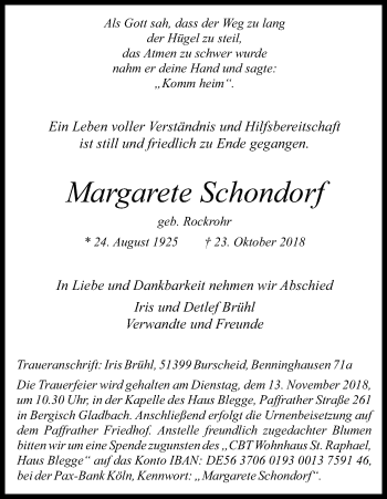 Anzeige von Margarete Schondorf von Kölner Stadt-Anzeiger / Kölnische Rundschau / Express