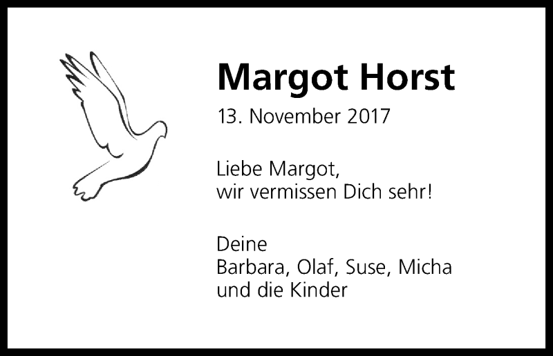  Traueranzeige für Margot Horst vom 10.11.2018 aus Kölner Stadt-Anzeiger / Kölnische Rundschau / Express