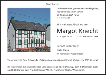 Anzeige von Margot Knecht von Kölner Stadt-Anzeiger / Kölnische Rundschau / Express