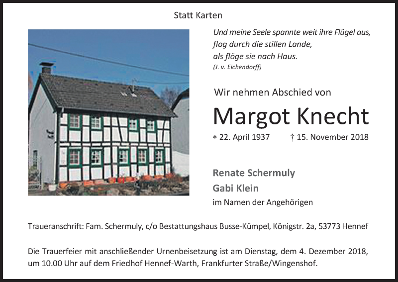  Traueranzeige für Margot Knecht vom 01.12.2018 aus Kölner Stadt-Anzeiger / Kölnische Rundschau / Express