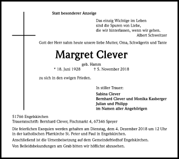 Anzeige von Margret Clever von Kölner Stadt-Anzeiger / Kölnische Rundschau / Express