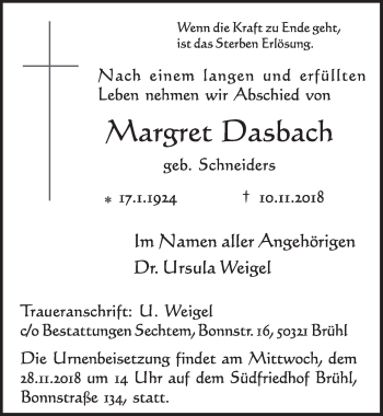 Anzeige von Margret Dasbach von  Schlossbote/Werbekurier 