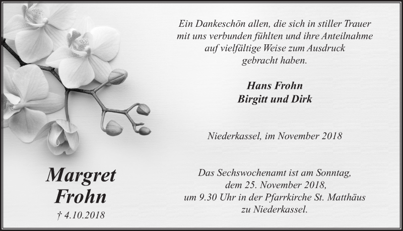  Traueranzeige für Margret Frohn vom 07.11.2018 aus  Extra Blatt 