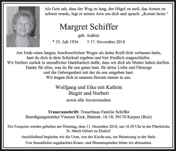 Anzeige von Margret Schiffer von  Sonntags-Post 