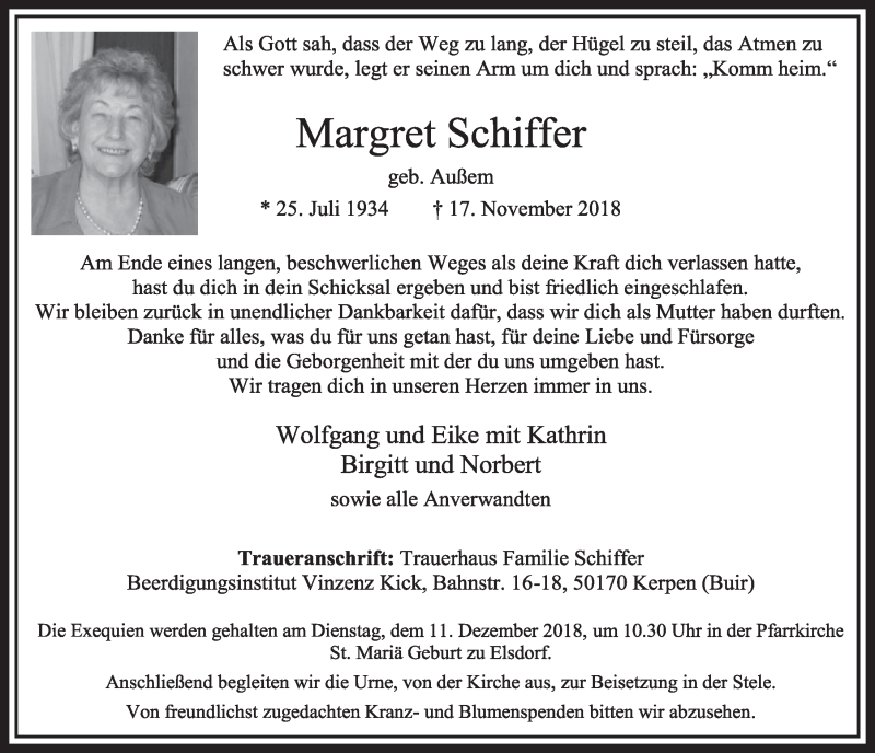  Traueranzeige für Margret Schiffer vom 01.12.2018 aus  Sonntags-Post 