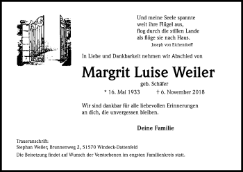 Anzeige von Margrit Luise Weiler von Kölner Stadt-Anzeiger / Kölnische Rundschau / Express