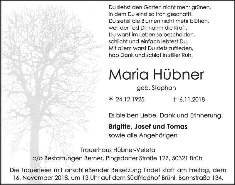  Traueranzeige für Maria Hübner vom 14.11.2018 aus  Schlossbote/Werbekurier 