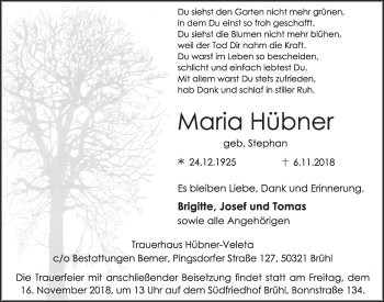 Anzeige von Maria Hübner von  Schlossbote/Werbekurier 
