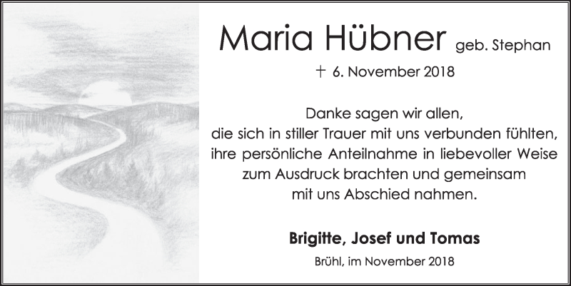  Traueranzeige für Maria Hübner vom 28.11.2018 aus  Schlossbote/Werbekurier 