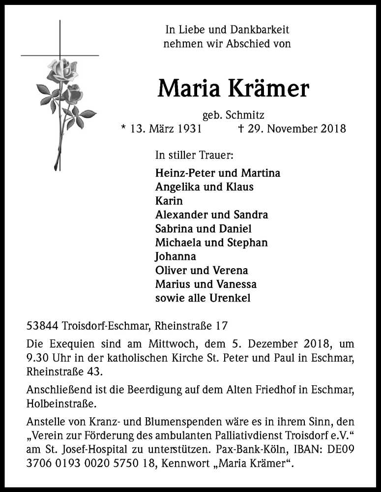  Traueranzeige für Maria Krämer vom 01.12.2018 aus Kölner Stadt-Anzeiger / Kölnische Rundschau / Express