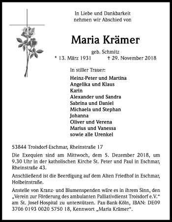 Anzeige von Maria Krämer von Kölner Stadt-Anzeiger / Kölnische Rundschau / Express