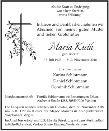 Anzeige von Maria Kuth von  Schlossbote/Werbekurier 