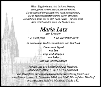 Anzeige von Maria Latz von Kölner Stadt-Anzeiger / Kölnische Rundschau / Express