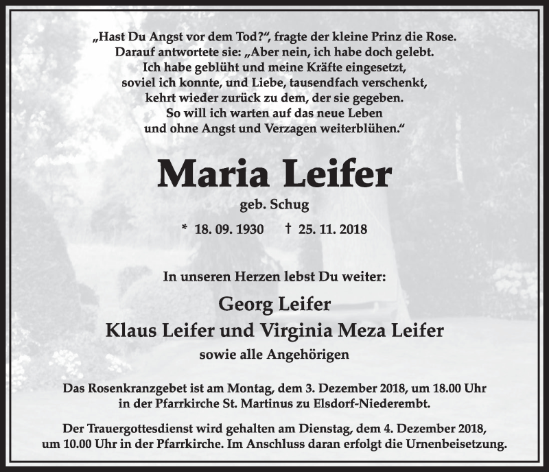  Traueranzeige für Maria Leifer vom 01.12.2018 aus  Sonntags-Post 