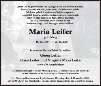 Anzeige von Maria Leifer von  Sonntags-Post 