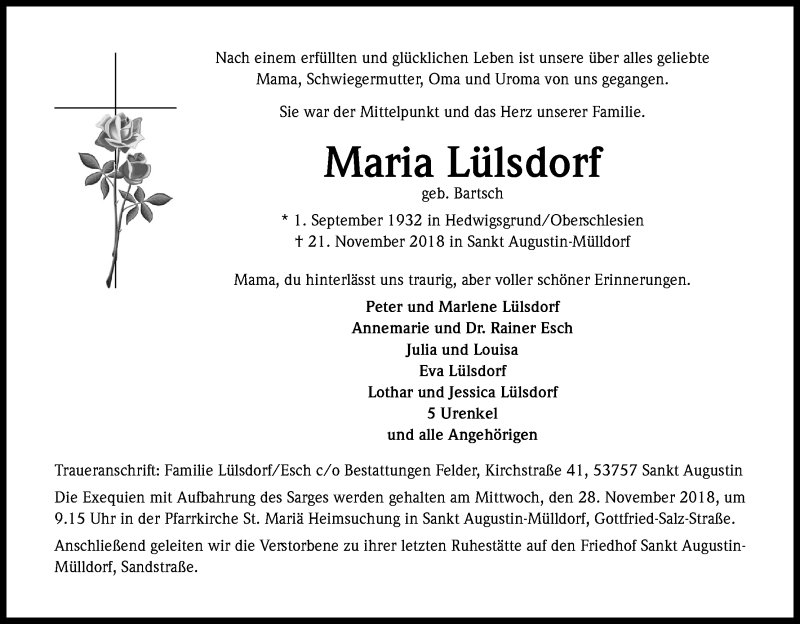 Traueranzeige für Maria Lülsdorf vom 24.11.2018 aus Kölner Stadt-Anzeiger / Kölnische Rundschau / Express
