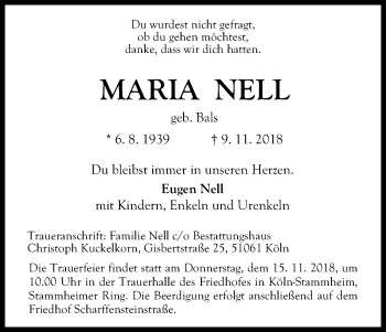 Anzeige von Maria Nell von Kölner Stadt-Anzeiger / Kölnische Rundschau / Express