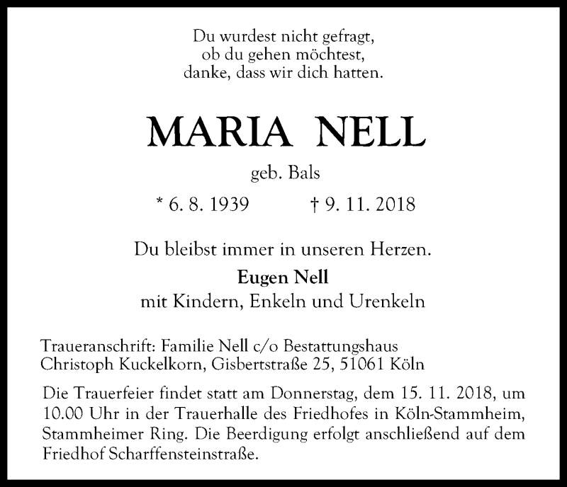  Traueranzeige für Maria Nell vom 13.11.2018 aus Kölner Stadt-Anzeiger / Kölnische Rundschau / Express