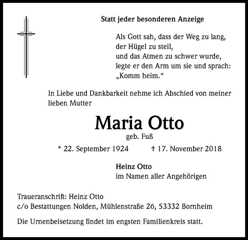  Traueranzeige für Maria Otto vom 24.11.2018 aus Kölner Stadt-Anzeiger / Kölnische Rundschau / Express