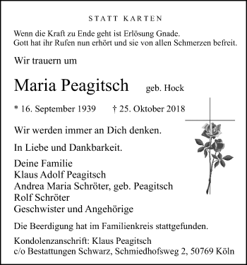 Anzeige von Maria Peagitsch von Kölner Stadt-Anzeiger / Kölnische Rundschau / Express