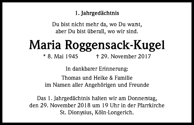  Traueranzeige für Maria Roggensack-Kugel vom 29.11.2018 aus Kölner Stadt-Anzeiger / Kölnische Rundschau / Express