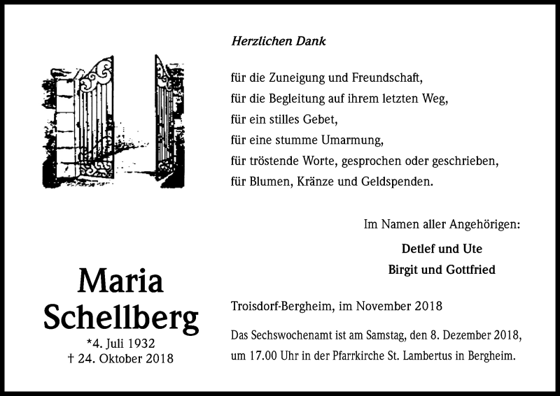  Traueranzeige für Maria Schellberg vom 01.12.2018 aus Kölner Stadt-Anzeiger / Kölnische Rundschau / Express