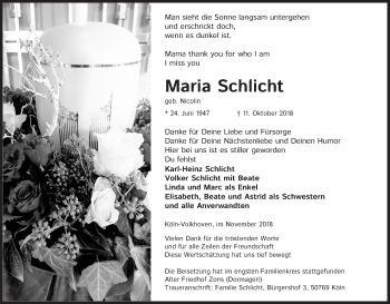 Anzeige von Maria Schlicht von Kölner Stadt-Anzeiger / Kölnische Rundschau / Express