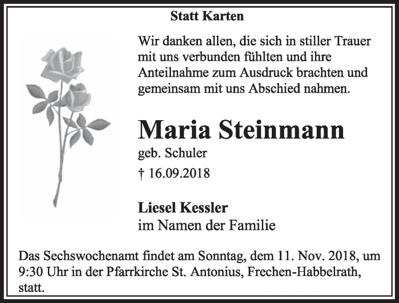  Traueranzeige für Maria Steinmann vom 03.11.2018 aus  Sonntags-Post 