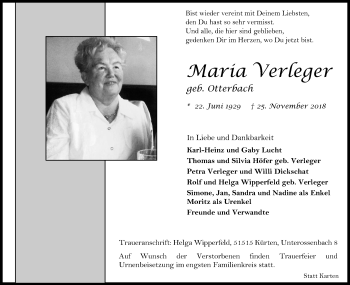 Anzeige von Maria Verleger von Kölner Stadt-Anzeiger / Kölnische Rundschau / Express