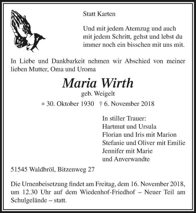  Traueranzeige für Maria Wirth vom 14.11.2018 aus  Lokalanzeiger 