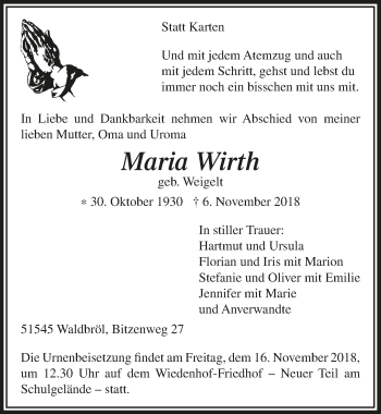 Anzeige von Maria Wirth von  Lokalanzeiger 