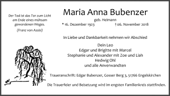 Anzeige von Maria Anna Bubenzer von Kölner Stadt-Anzeiger / Kölnische Rundschau / Express
