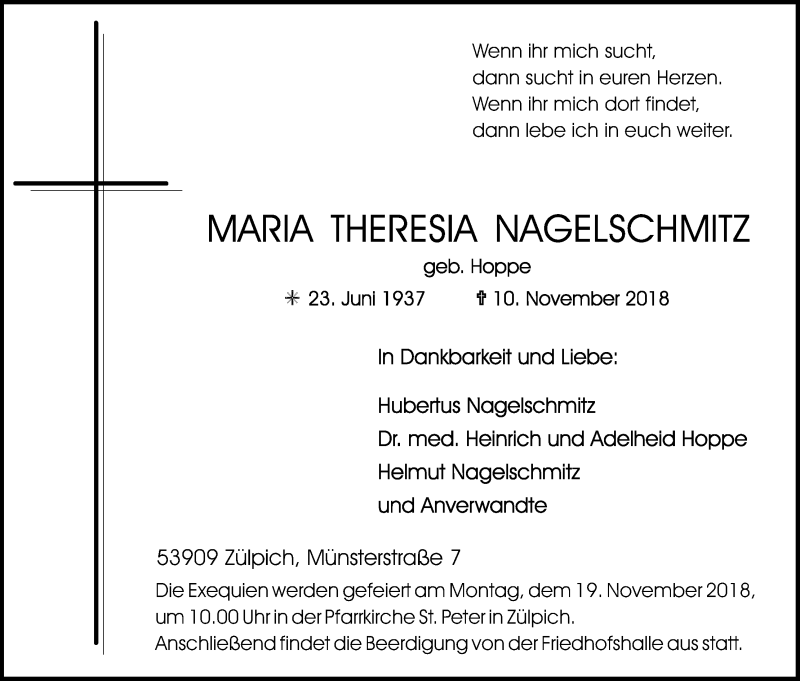  Traueranzeige für Maria Theresia Nagelschmitz vom 14.11.2018 aus Kölner Stadt-Anzeiger / Kölnische Rundschau / Express