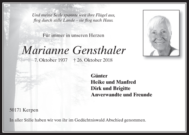  Traueranzeige für Marianne Gensthaler vom 21.11.2018 aus  Werbepost 