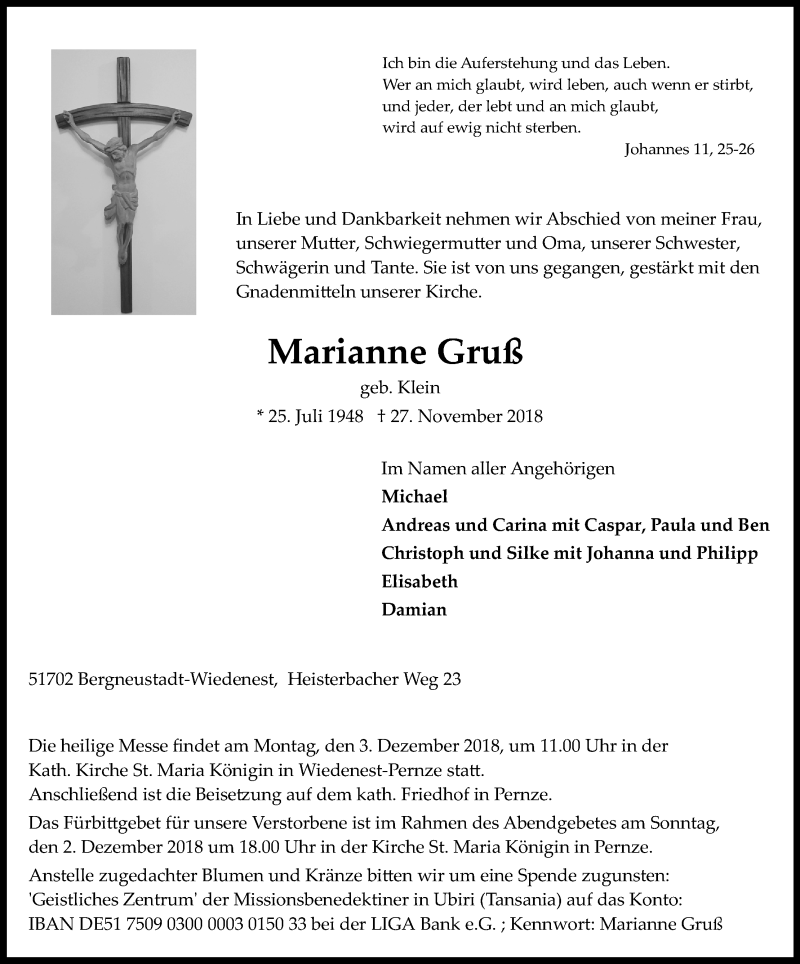 Traueranzeige für Marianne Gruß vom 01.12.2018 aus Kölner Stadt-Anzeiger / Kölnische Rundschau / Express