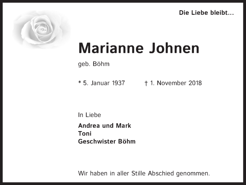  Traueranzeige für Marianne Johnen vom 17.11.2018 aus Kölner Stadt-Anzeiger / Kölnische Rundschau / Express